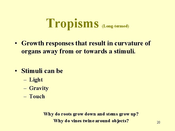 Tropisms (Long-termed) • Growth responses that result in curvature of organs away from or