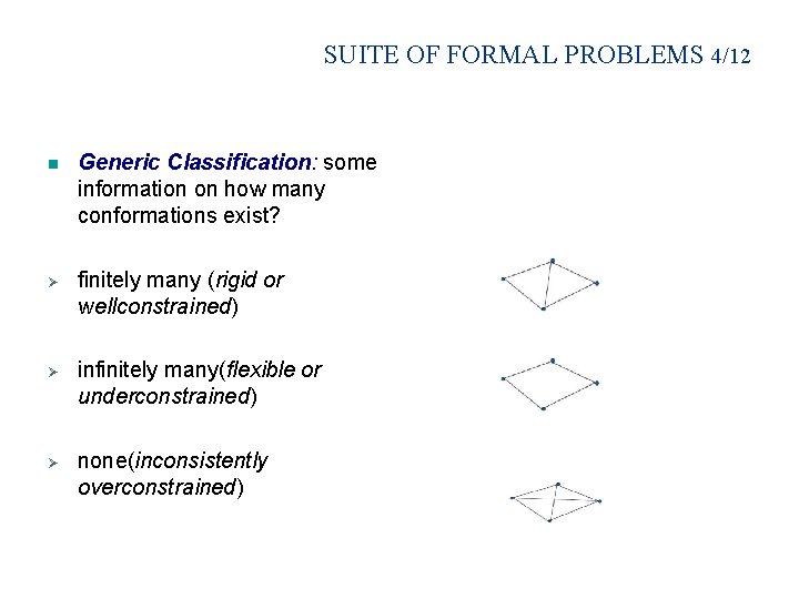 SUITE OF FORMAL PROBLEMS 4/12 n Generic Classification: some information on how many conformations