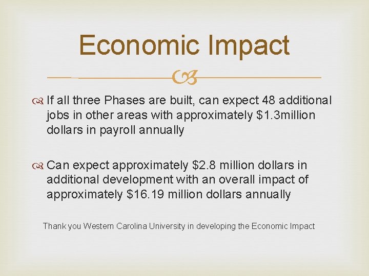 Economic Impact If all three Phases are built, can expect 48 additional jobs in