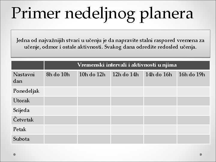 Primer nedeljnog planera Jedna od najvažnijih stvari u učenju je da napravite stalni raspored