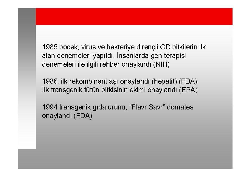 1985 böcek, virüs ve bakteriye dirençli GD bitkilerin ilk alan denemeleri yapıldı. İnsanlarda gen