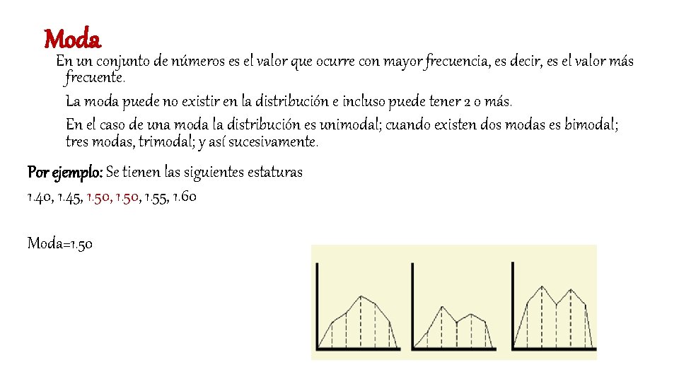 Moda En un conjunto de números es el valor que ocurre con mayor frecuencia,