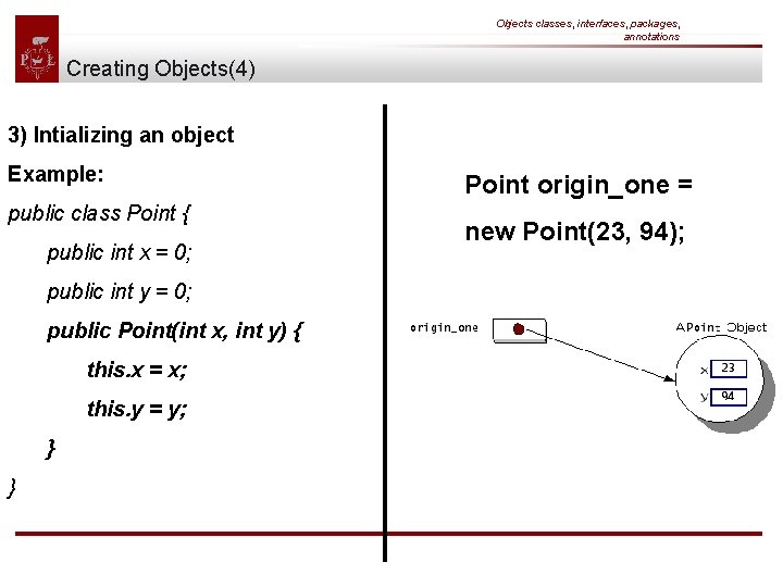 Objects classes, interfaces, packages, annotations Creating Objects(4) 3) Intializing an object Example: public class