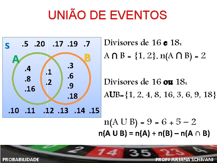 UNIÃO DE EVENTOS s Divisores de 16 e 18: A ∩ B = {1,