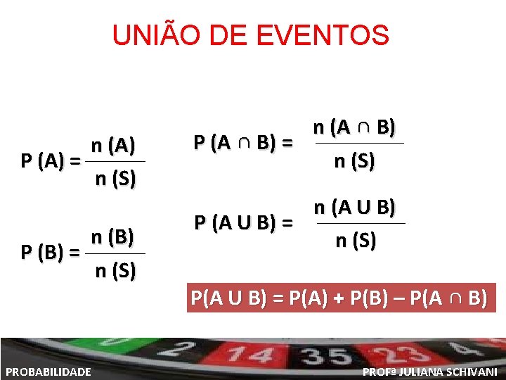 UNIÃO DE EVENTOS n (A) P (A) = n (S) n (B) P (B)