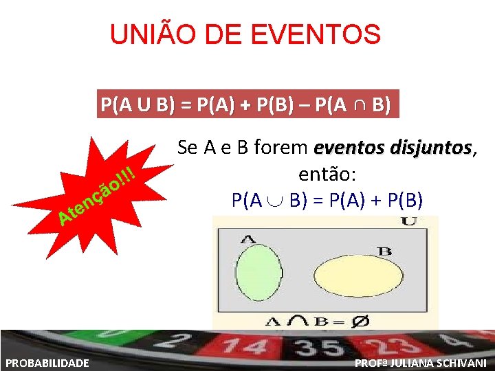 UNIÃO DE EVENTOS P(A U B) = P(A) + P(B) – P(A ∩ B)