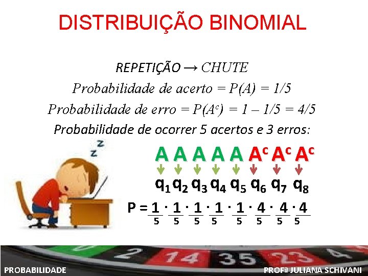 DISTRIBUIÇÃO BINOMIAL REPETIÇÃO → CHUTE Probabilidade de acerto = P(A) = 1/5 Probabilidade de