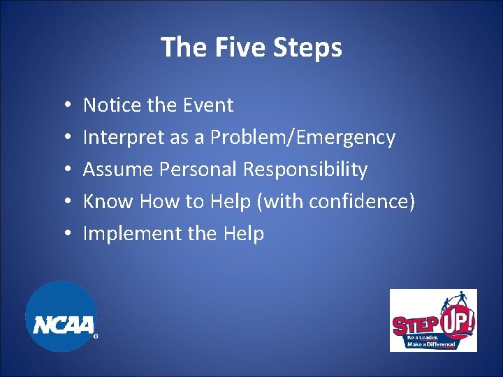 The Five Steps • • • Notice the Event Interpret as a Problem/Emergency Assume