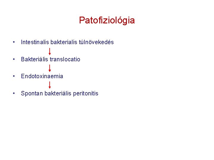 Patofiziológia • Intestinalis bakterialis túlnövekedés • Bakteriális translocatio • Endotoxinaemia • Spontan bakteriális peritonitis