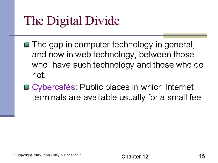 The Digital Divide The gap in computer technology in general, and now in web