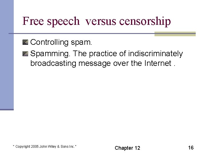 Free speech versus censorship Controlling spam. Spamming. The practice of indiscriminately broadcasting message over