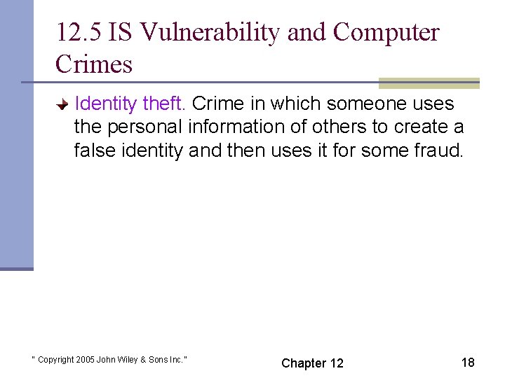 12. 5 IS Vulnerability and Computer Crimes Identity theft. Crime in which someone uses