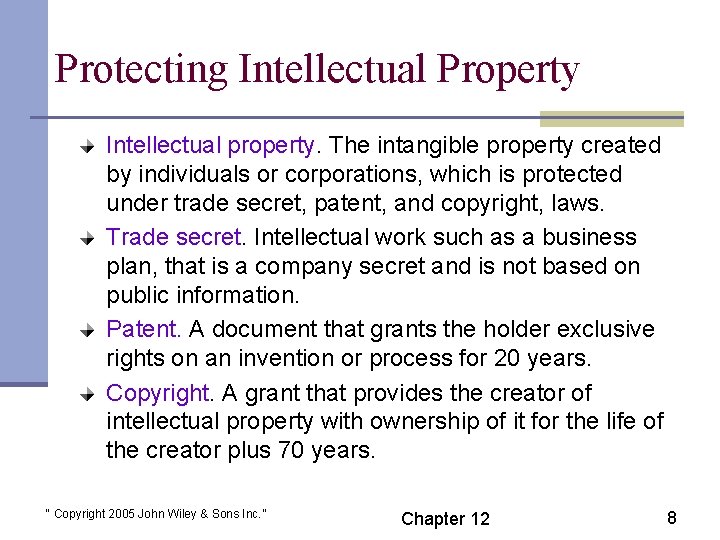 Protecting Intellectual Property Intellectual property. The intangible property created by individuals or corporations, which