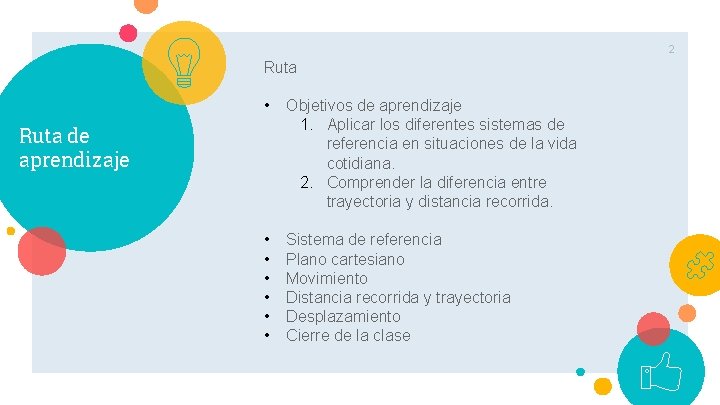2 Ruta • Objetivos de aprendizaje 1. Aplicar los diferentes sistemas de referencia en