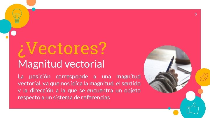 5 ¿Vectores? Magnitud vectorial La posición corresponde a una magnitud vectorial, ya que nos