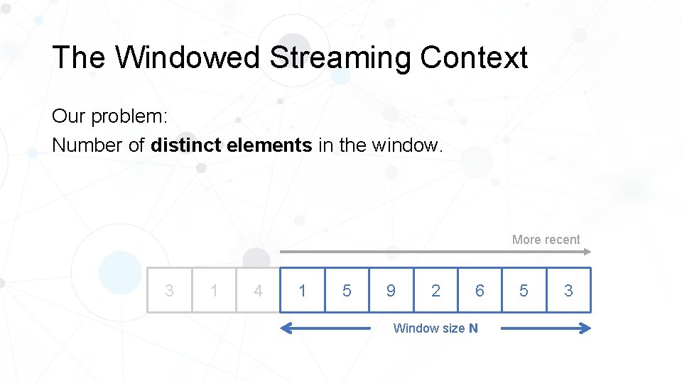 The Windowed Streaming Context Our problem: Number of distinct elements in the window. More