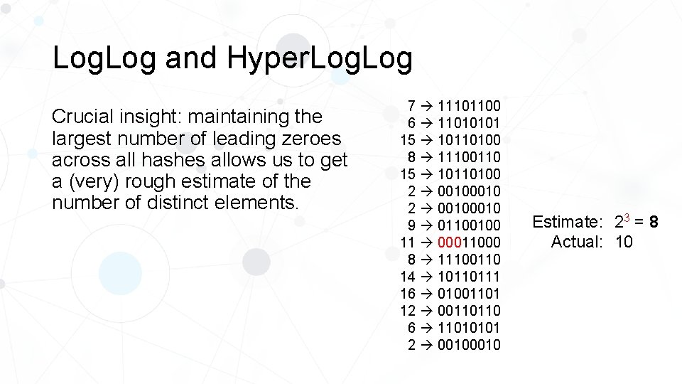 Log. Log and Hyper. Log Crucial insight: maintaining the largest number of leading zeroes