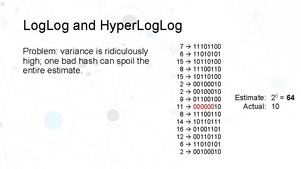 Log. Log and Hyper. Log Problem: variance is ridiculously high; one bad hash can