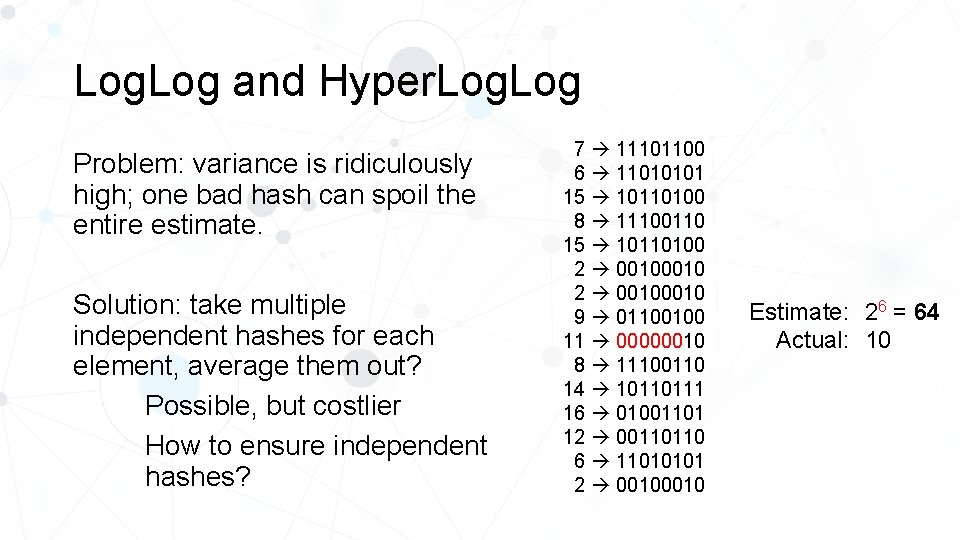 Log. Log and Hyper. Log Problem: variance is ridiculously high; one bad hash can