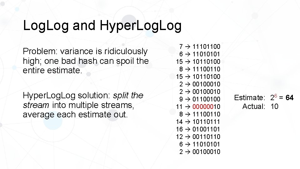 Log. Log and Hyper. Log Problem: variance is ridiculously high; one bad hash can