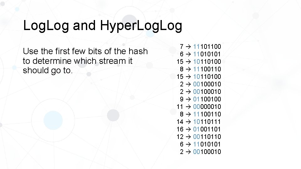 Log. Log and Hyper. Log Use the first few bits of the hash to