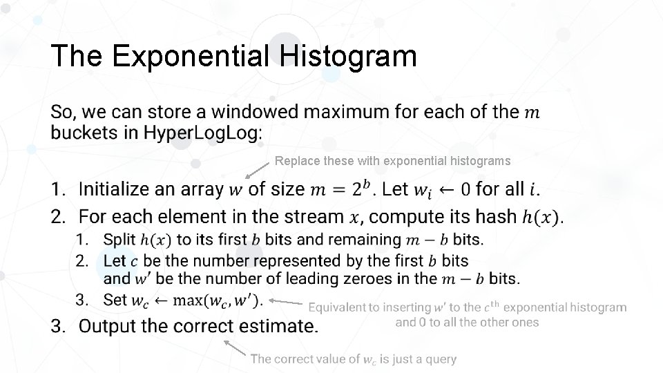 The Exponential Histogram • Replace these with exponential histograms 