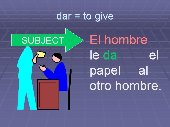 dar = to give SUBJECT El hombre le da el papel al otro hombre.