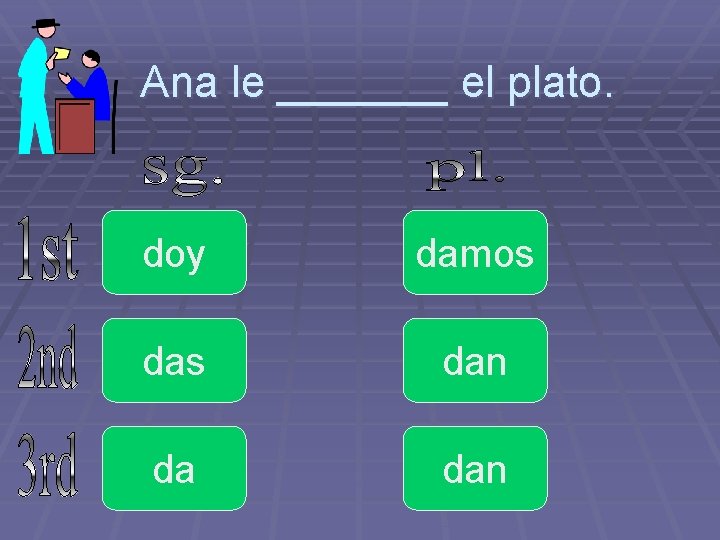 Ana le _______ el plato. doy damos dan da dan 