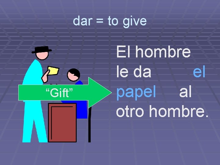 dar = to give “Gift” El hombre le da el papel al otro hombre.