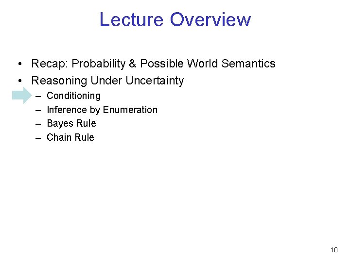 Lecture Overview • Recap: Probability & Possible World Semantics • Reasoning Under Uncertainty –