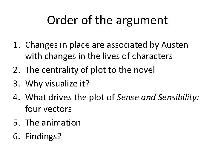 Order of the argument 1. Changes in place are associated by Austen with changes