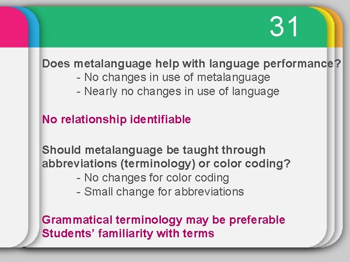 31 Does metalanguage help with language performance? - No changes in use of metalanguage
