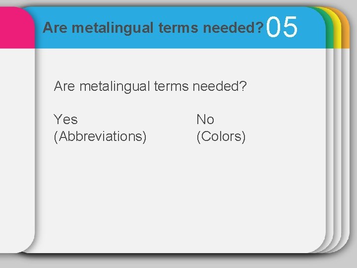 Are metalingual terms needed? Yes (Abbreviations) No (Colors) 05 