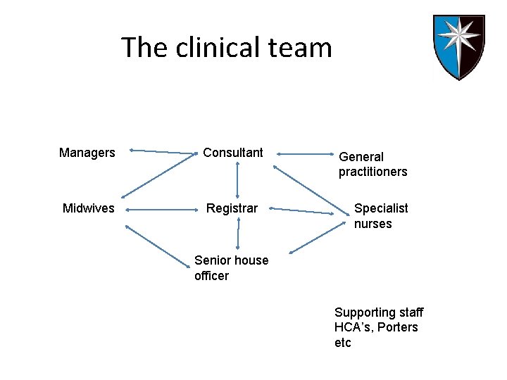 The clinical team Managers Consultant Midwives Registrar General practitioners Specialist nurses Senior house officer