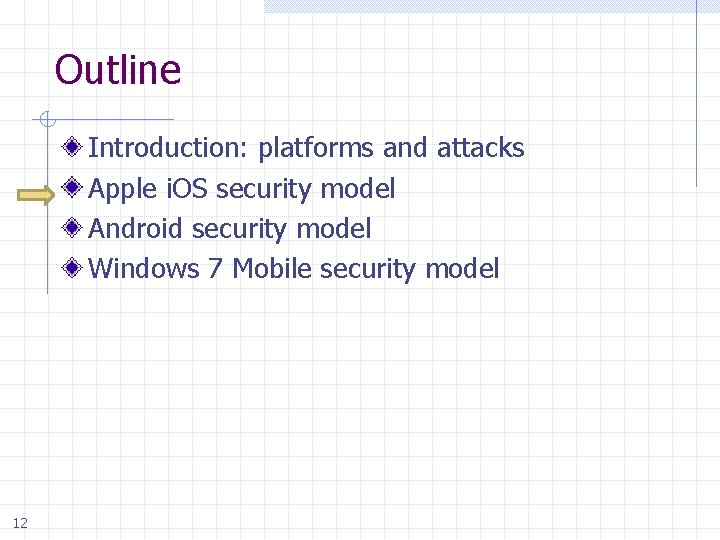 Outline Introduction: platforms and attacks Apple i. OS security model Android security model Windows
