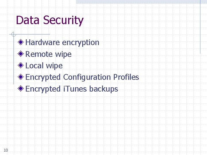 Data Security Hardware encryption Remote wipe Local wipe Encrypted Configuration Profiles Encrypted i. Tunes