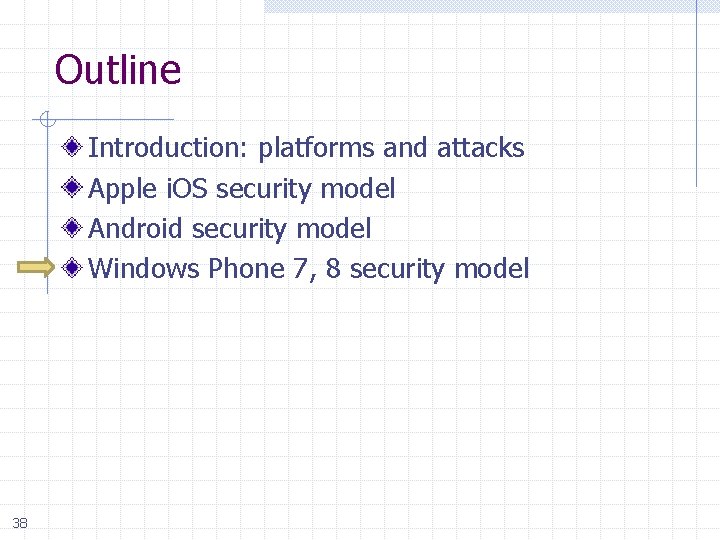 Outline Introduction: platforms and attacks Apple i. OS security model Android security model Windows