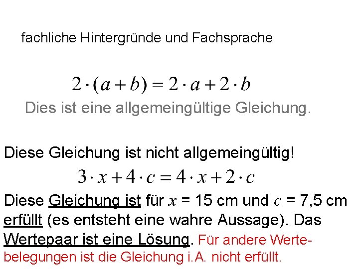 fachliche Hintergründe und Fachsprache Dies ist eine allgemeingültige Gleichung. Diese Gleichung ist nicht allgemeingültig!