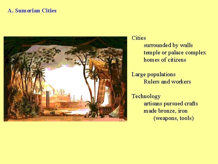 A. Sumerian Cities surrounded by walls temple or palace complex homes of citizens Large