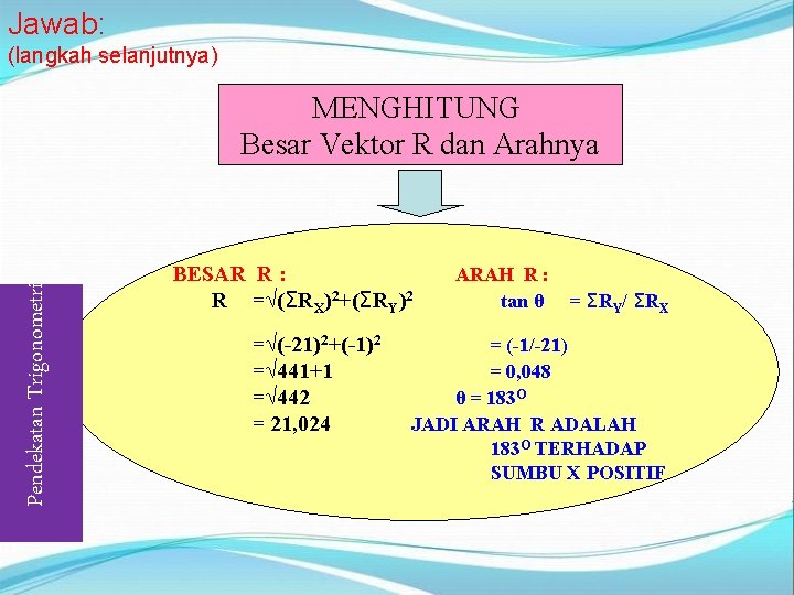 Jawab: (langkah selanjutnya) Pendekatan Trigonometri MENGHITUNG Besar Vektor R dan Arahnya BESAR R :