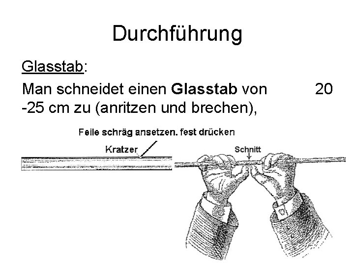 Durchführung Glasstab: Man schneidet einen Glasstab von 25 cm zu (anritzen und brechen), 20