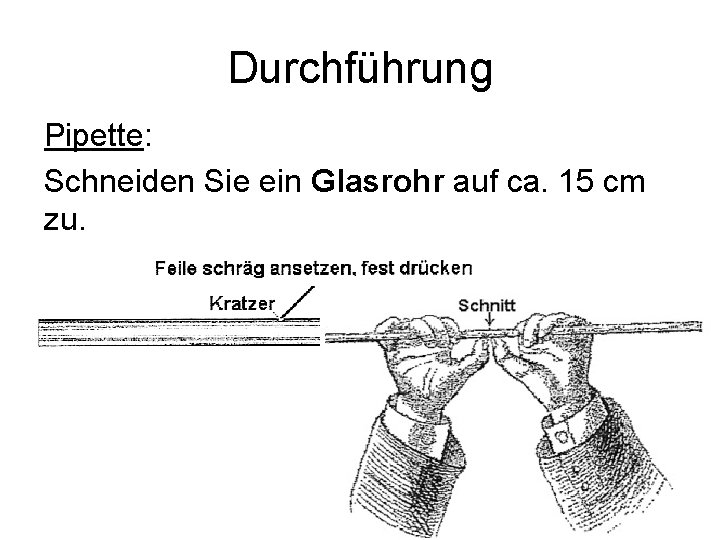 Durchführung Pipette: Schneiden Sie ein Glasrohr auf ca. 15 cm zu. 