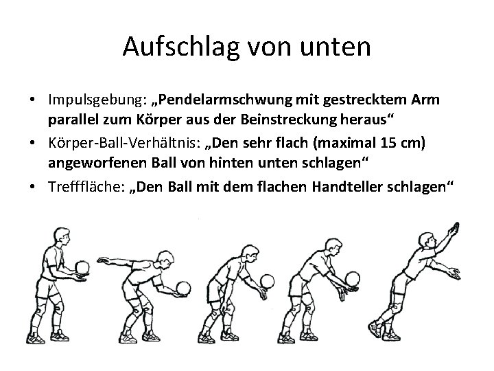 Aufschlag von unten • Impulsgebung: „Pendelarmschwung mit gestrecktem Arm parallel zum Körper aus der