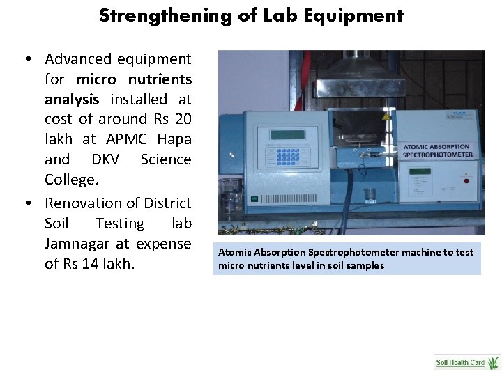 Strengthening of Lab Equipment • Advanced equipment for micro nutrients analysis installed at cost