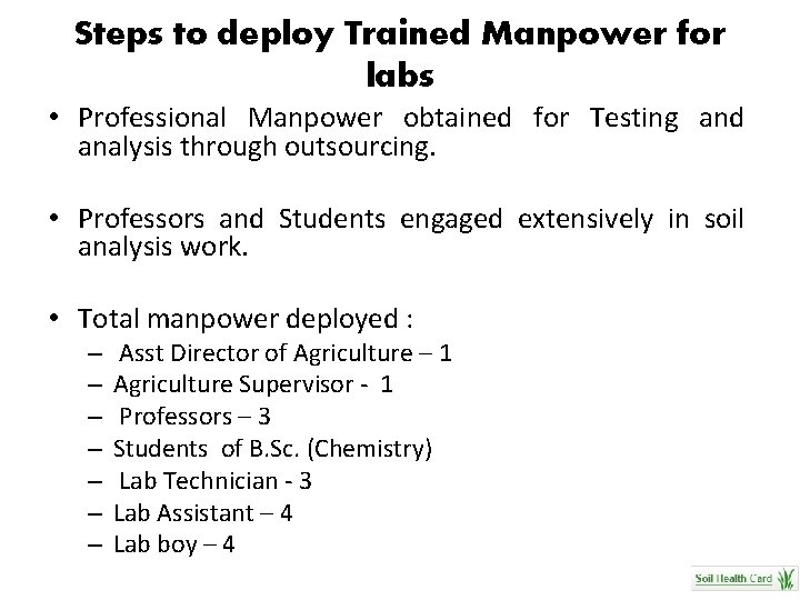 Steps to deploy Trained Manpower for labs • Professional Manpower obtained for Testing and