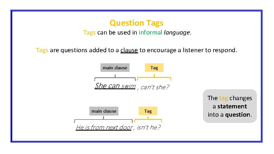 Question Tags can be used in informal language. Tags are questions added to a