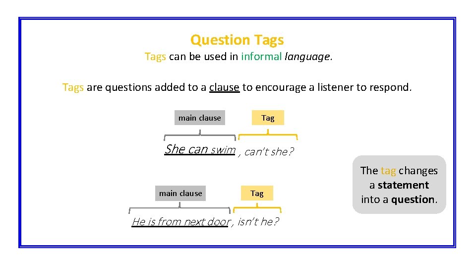 Question Tags can be used in informal language. Tags are questions added to a Question Tags can be used in informal language. Tags are questions added to a