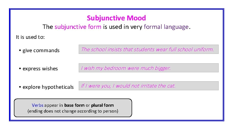 Subjunctive Mood The subjunctive form is used in very formal language. It is used