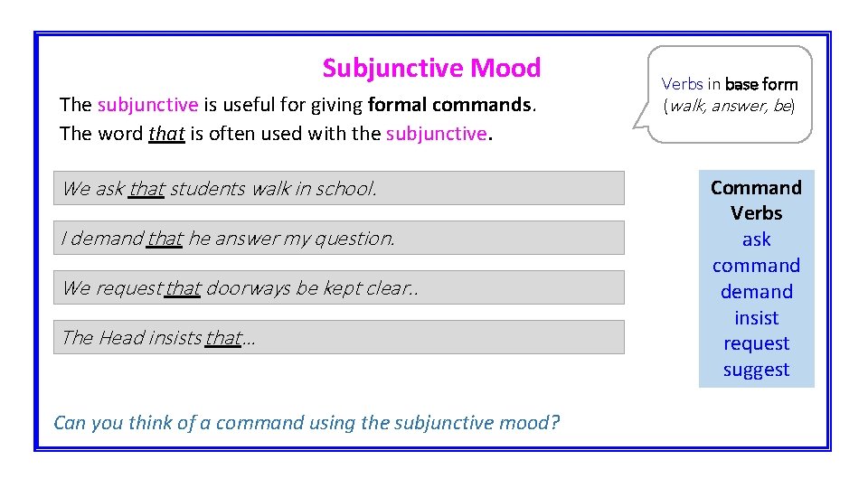 Subjunctive Mood The subjunctive is useful for giving formal commands. The word that is Subjunctive Mood The subjunctive is useful for giving formal commands. The word that is