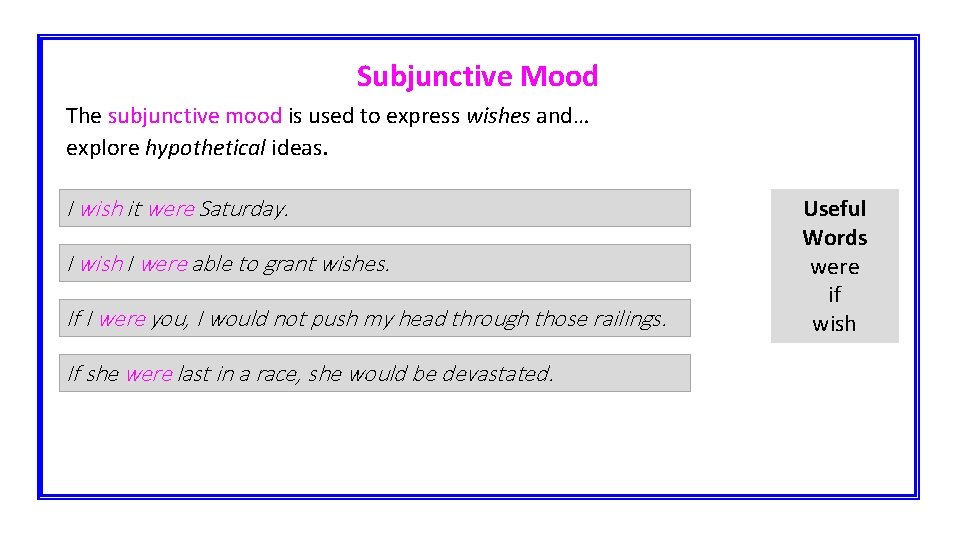 Subjunctive Mood The subjunctive mood is used to express wishes and… explore hypothetical ideas.